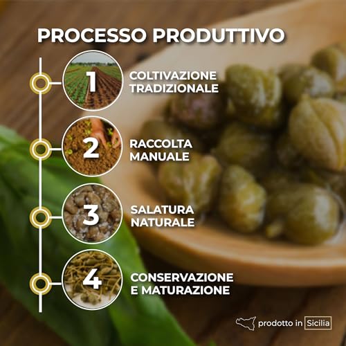 RACILIA Bio Mittelgroße Kapern in Salz Von der Insel Salina - Sizilianische Salina Kapern Handwerkskunst 100% Italienisch - Glutenfrei 250g