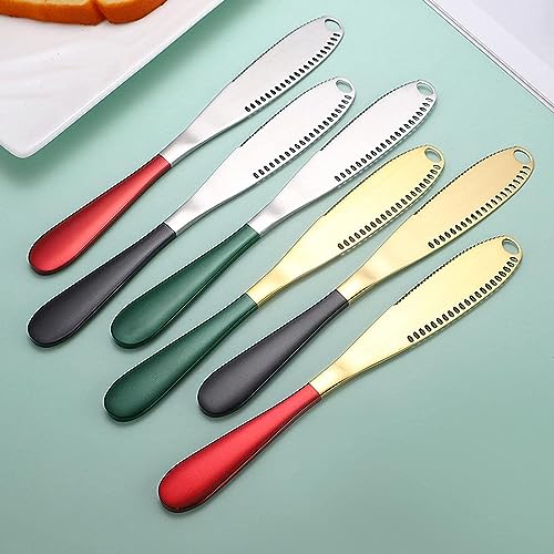 Image of Butter Spreader Knife, Stainless Steel, 3 in 1 Kitchen Gadgets, Curler, Butter Grater, Shredding Slots and with Serrated Edge Knife with Hole(Silver-Green, Set of 2)