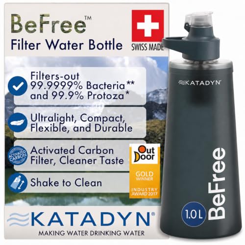 Katadyn BeFree AC 1,0L Azul Pizarra – Filtro de agua ultraligero para actividades al aire libre, camping y aventura, con filtro de carbón activado y Membrana EZ-Clean™ – agua potable limpia, siempre