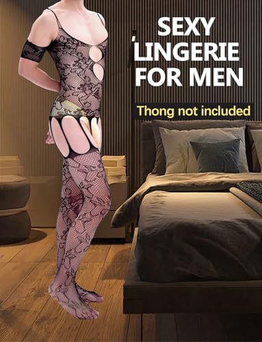 FEOYA Men Lace Lingerie Sissy Sexy Tight Cut Out Black Fishnet Lingerie Costume Bodysuit Elastic Nightgown One Piece Bodysuit2