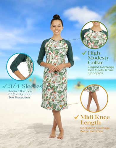 Image of Shira Modest Girls Swim Dress | 3 /4 Sleeve Swimdress, Full Coverage Bathing Suit | Tznius UPF 50+ Quick-Dry