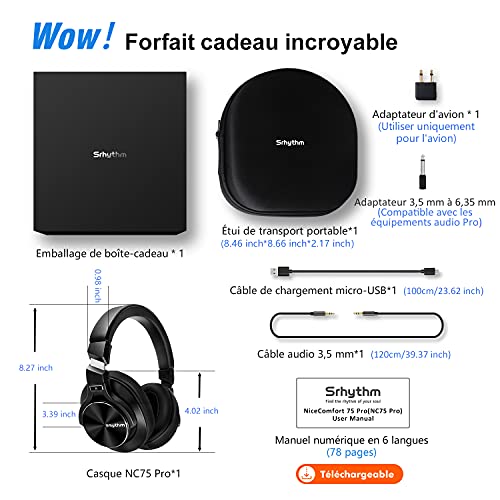 Srhythm-NC-75-Pro-Casque-Audio-sans-Fil-Bluetooth-V50-a-Reduction-de-Bruit-Active-Jusqua-40H-Casque-Supra-Aural-CVC80-MicrophoneCharge-Rapide-Oreillette-Haute-Fidelite