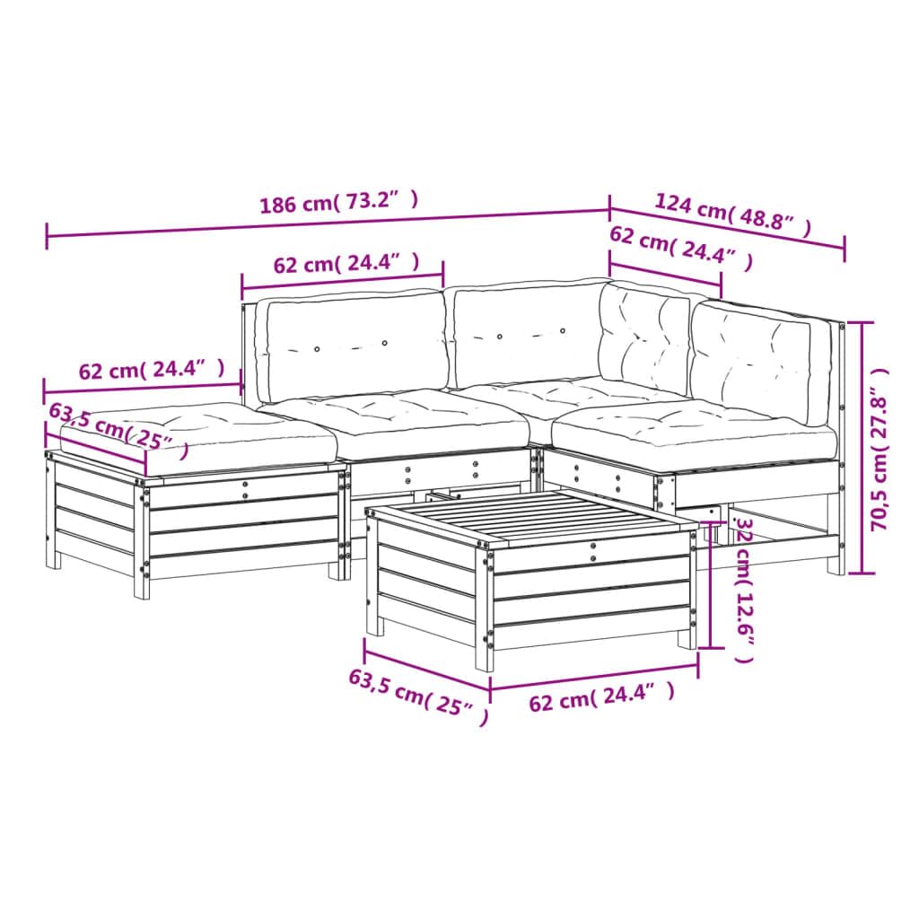 vidaXL Garten Lounge Set 5-TLG., Gartenmöbel mit Kissen Latten-Design, Sitzgruppe für Garten Terrasse, Modular Sofa Garnitur, Weiß Massivholz Kiefer