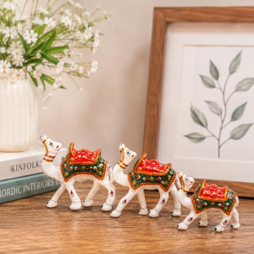 Image of eCraftIndia Pack of 3 Handcrafted Camel Figurines for Home Decor | Traditional Rajasthani Hand-Painted Camel Showpieces | Decorative Animal Statues for Living Room, Office Desk & Gifting