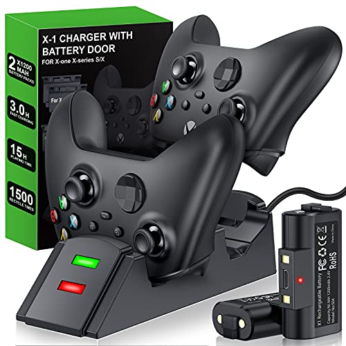 Rechargeable Battery Packs with Controller Charger for Xbox One& Series Controller Charger Kit, Controller Charger Station for Xbox One/One S/One X/One Elite/Series X|S, 2X 1200mAh Xbox Battery Pack