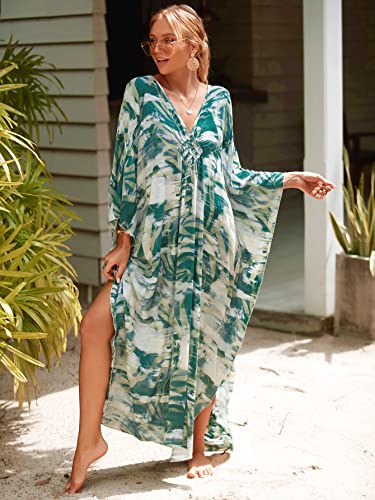 Image of IMAGEKOPE Women's Plus Size Animal Print V-Neck Batwing Kaftan Beach Dress Bathing Suit Cover-Up Loungewear