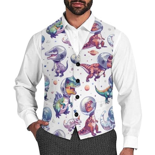 Funny Astronaut Dinosaur Men's Suit Vests Business Formal Dress V-Neck Waistcoat Tops with 2 Pockets