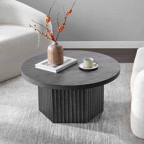 Image of SICOTAS Round Coffee Table for Living Room, Mid Century Modern Fluted Center Coffee Table with Storage, 32 inch Circle Accent Tea Dining Table for Apartment, Dark Grey Alder