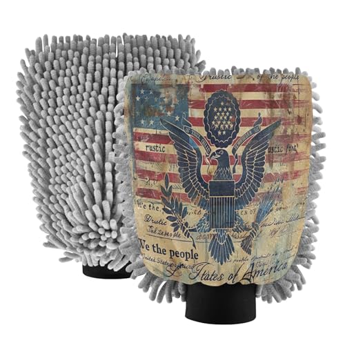 Kigai Retro American Flag and Eagle Car Wash Mitt Microfiber, 2Pcs Scratch Free Lint-Free, Premium Chenille Microfiber Mitt Car Wash Brush-L