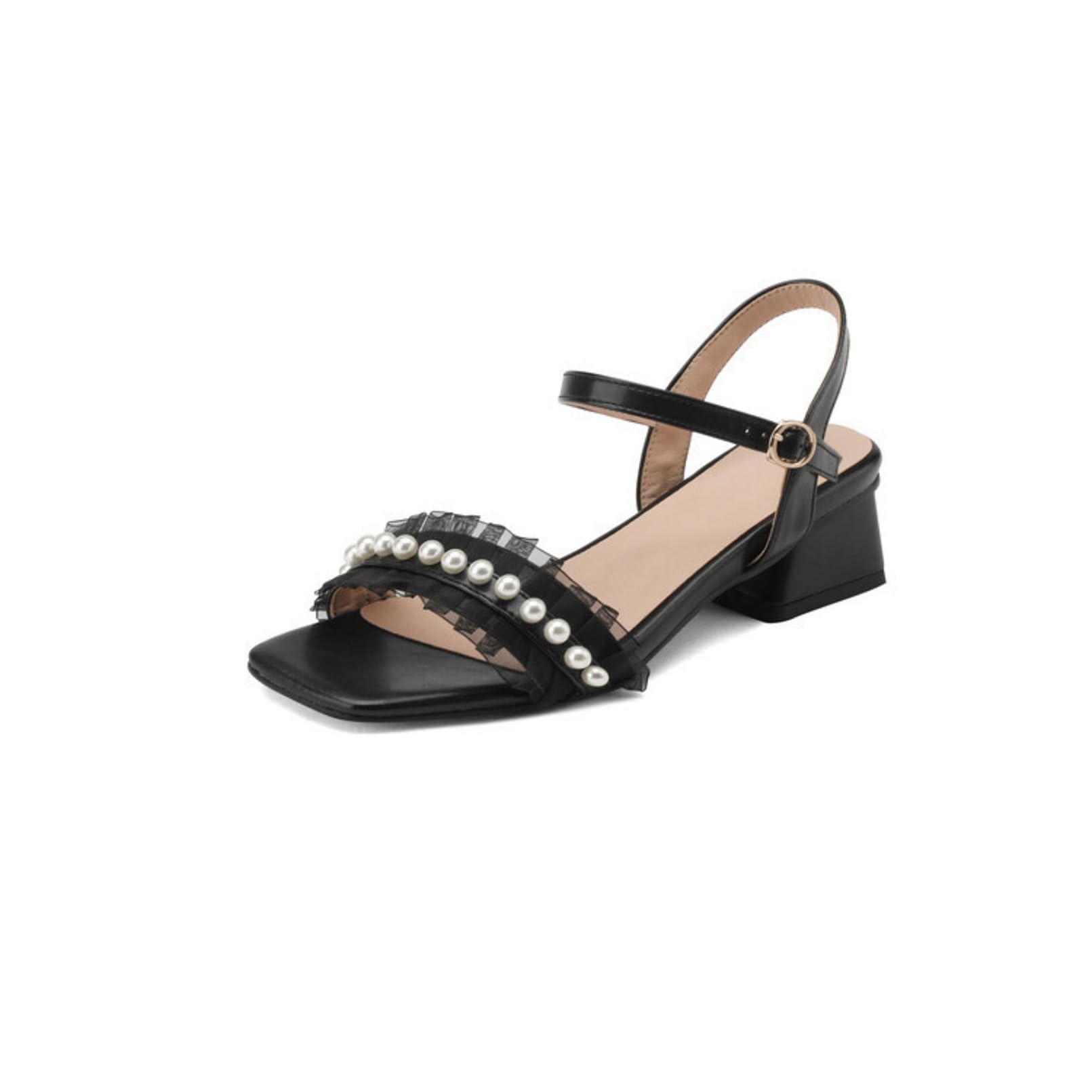 Generico Sandali Slingback Donna con Fibbia Metallica Regolabile Decorativo Perline Volant Tulle Fascia Singola Tacco Blocco Basso Calzature Estive Vita Quotidiana Ufficio Viaggi
