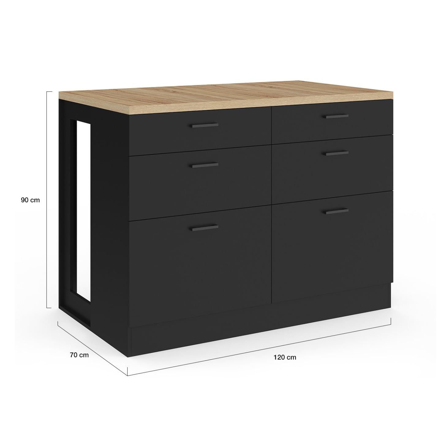 IDMarket - Ilot Central Mange-Debout Orso 120 cm casserolier 6 tiroirs Noir avec Plan de Travail façon hêtre