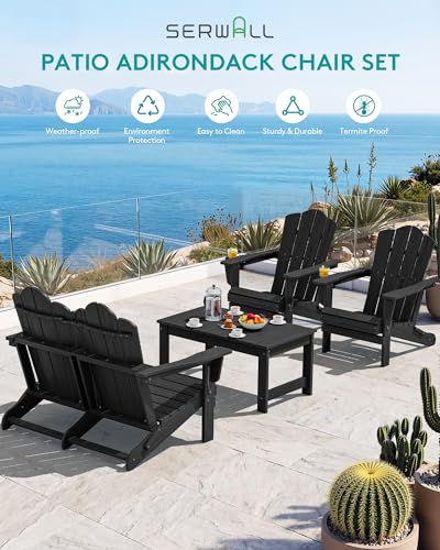 Image of SERWALL 4-Pc HDPE Adirondack Set, 2 Chairs, 1 Bench & 1 Coffee Table, Black