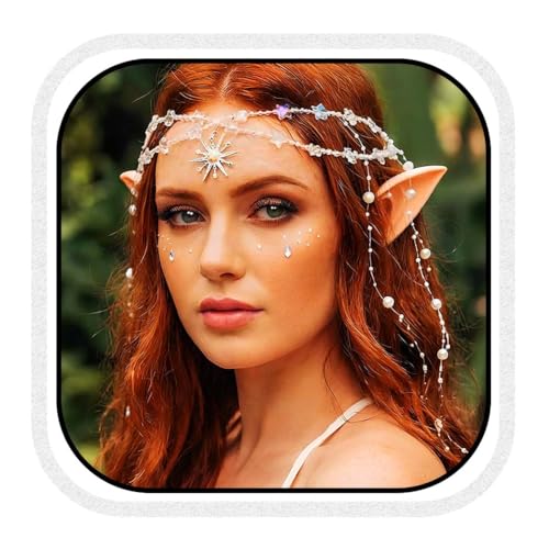 Fashband Cadena de cabeza bohemia de estrella con orejas de elfo de hadas, perlas y borlas, accesorio para el cabello, joyería para Halloween, festival, diadema, accesorios para el cabello para mujer,
