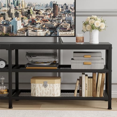 Image of 63 inch TV Stand for TVs up to 70 Inch with 3-Tier Storage Shelves | Black Modern 63 inch Long Industrial TV Console Table, Entertainment Center for Living Room, Bedroom