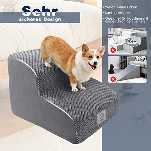 Thihome Hundetreppe für Kleine Hunde, rutschfeste Katzentreppe mit Abnehmbarer Bezug, 2 Stufen Hunderampe, Wasserdicht Haustiertreppe für Bett & Sofa, Grau