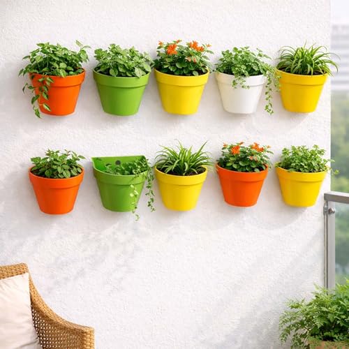 Go Hooked Wall Mounted Flower Pots for Home Décor Pack of 10 | Plastic Wall Planters for Indoor Outdoor | Vertical Garden Pot Set for Balcony, Living Room, Patio & Fence Decoration