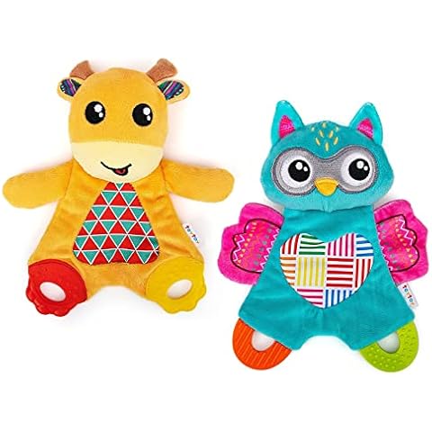 teytoy 2 Pcs Sensory Teething Toys for Baby with Crinkle Paper, Newborn Bib Saliva Soother Towel, Soft Snuggle Sleeping Security Blanket for Unisex Babies 0-36 Months Gifts(Owl and Deer) Cover