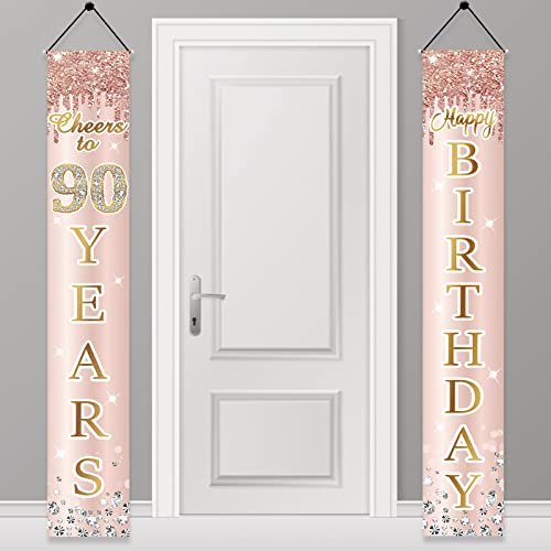 Image of 90th Birthday Decorations Door Banner for Women, Pink Rose Gold Cheers to 90 Years Birthday Backdrop Sign Party Supplies, Happy Ninety Birthday Porch Decor for Indoor Outdoor