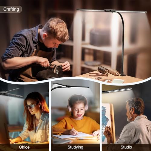 Image of Double Head LED Desk Clamp Lamp Light- with Adjustable Arms, Eye-Caring, 5 Color Modes, 3 Level Brightness, Office Lamp for Monitor, Studio, Workbench & Reading - Black (Adaptor Included)