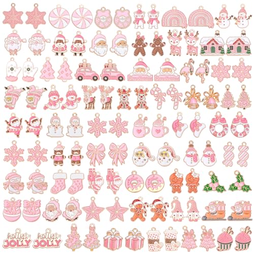 SANNIX 110Pcs/55 Pairs Christmas Charms, Pink Christmas Charm for Jewelry Making, Holiday Xmas Enamel Pendants for DIY Bracelet Necklaces Earrings Craft Supplies