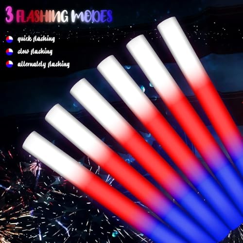 Image of Junkin 36 Pcs 4th of July Glow Sticks Bulk 15. 8 inch Independence Day Red White and Blue LED Foam Lighted Sticks Patriotic with 3 Flashing Modes for Memorial Day Birthday Party
