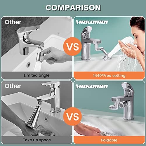 VIRKOMBI 1440°Swivel Tap Aerator, Rotatable Multifunctional Kitchen Sink Extension Faucet with Adjustable 2 Water Outlet Bathroom Tap Attachment for M24 External Thread M20 22 Internal Thread