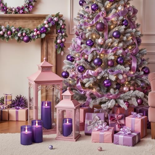 Image of Homemory Purple Flickering Flameless Candles, Battery Operated Acrylic LED Pillar Candles with Remote Control and Timer, Purple Decor, Set of 5