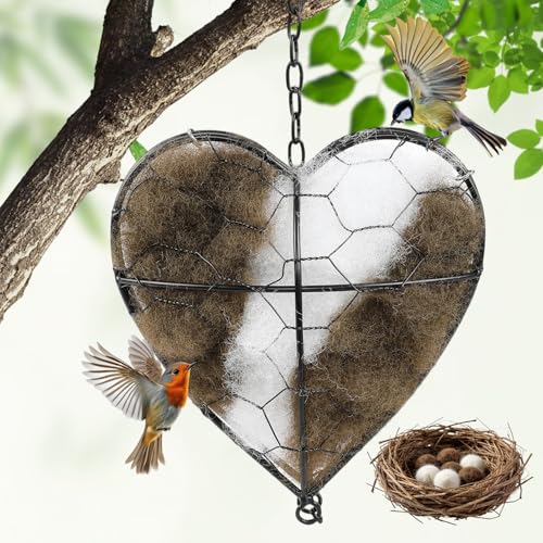 Handmade Alpaca Fiber Bird Nesting HeartRefillable Natural Nesting Material Holder for Wild Birds Hummingbirds&Chickadees Winter Shelter&Garden Decoration Spring and Summer Fowl Gifts for Bird Lovers