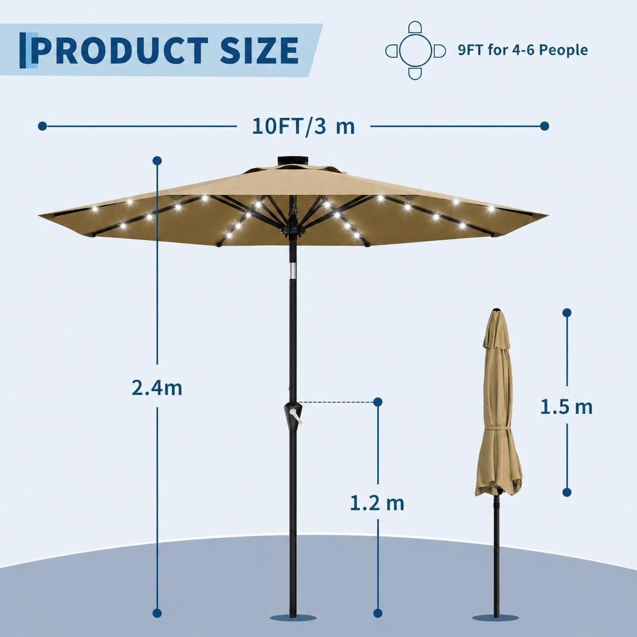 Solar-Sonnenschirm 305 cm, 32 LED-Leuchten solarbetrieben, UV-Schutz 50+, wasserabweisend, Kurbel, neigbar, 8 robuste Eisenrippen, Marktschirm für Terrasse, Pool, Garten, Bräunen