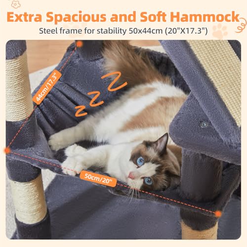 Image of Taoqimiao Cat Tree 57.5-Inch, Cat Tower for Indoor Cats Large Adult, Extra Large Cat Condo, 8 Sisal Scratching Posts, Metal Frame Cozy Hammock, Durable Scratch Board, 2 Top Perches, Smoky Gray MS026G