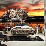  Papier peint intissé 3D Effet Panoramique 200x140 cm Coucher De Soleil Animaux Léopard Décoration Murale XXL Poster Geant Mural Personnalisé 3D pour Salon Chambre