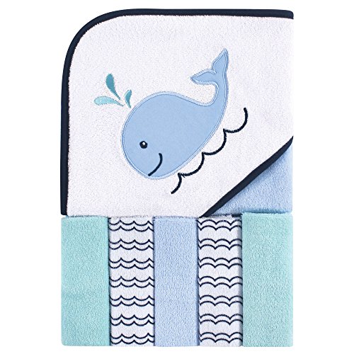 Image of Luvable Friends Unisex Baby Hooded Towel with Five Washcloths, Boy Whale, One Size