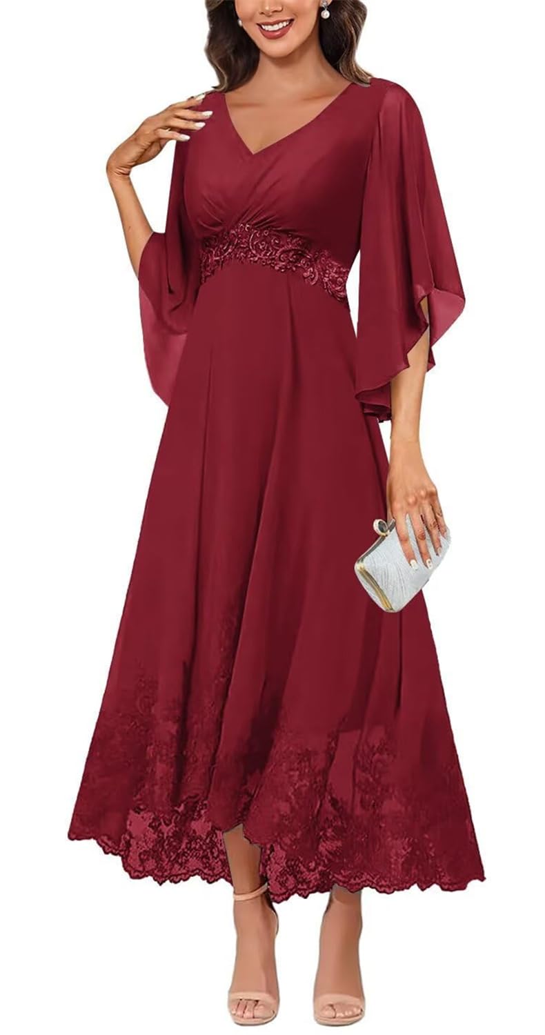 KIYNE Ankle Length Mother of the Bride Dresses for Wedding Party V Neck Pleated Burgundy Chiffon Mother of the Groom Dress UK16
