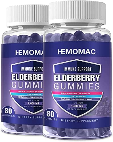 HEMOMAC 2 Packs Immune Support Sambucus Elderberry Gummies with Zinc Vitamin C for Adult & Kids Herbal Supplements Ingredient Black Pectin Echinacea Potent