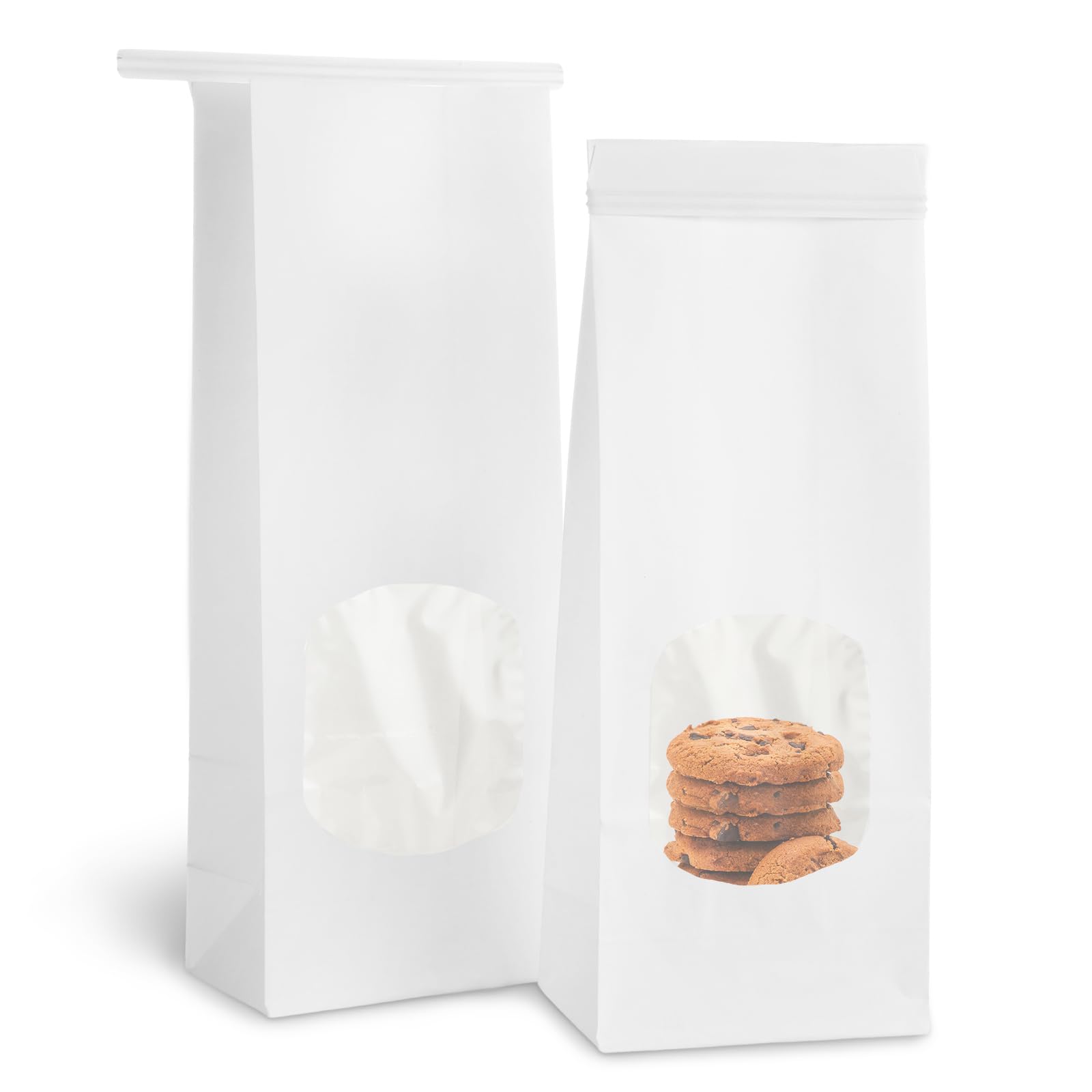 QTLCOHD 100Pcs Bakery Bags with Window 3.5 x 2.4 x 9.8 Inch White Paper Bread Bags Tin Tie Tab Lock Cookie Paper Treat Bag for Packaging Cookies Pastry Loaf Popcorn