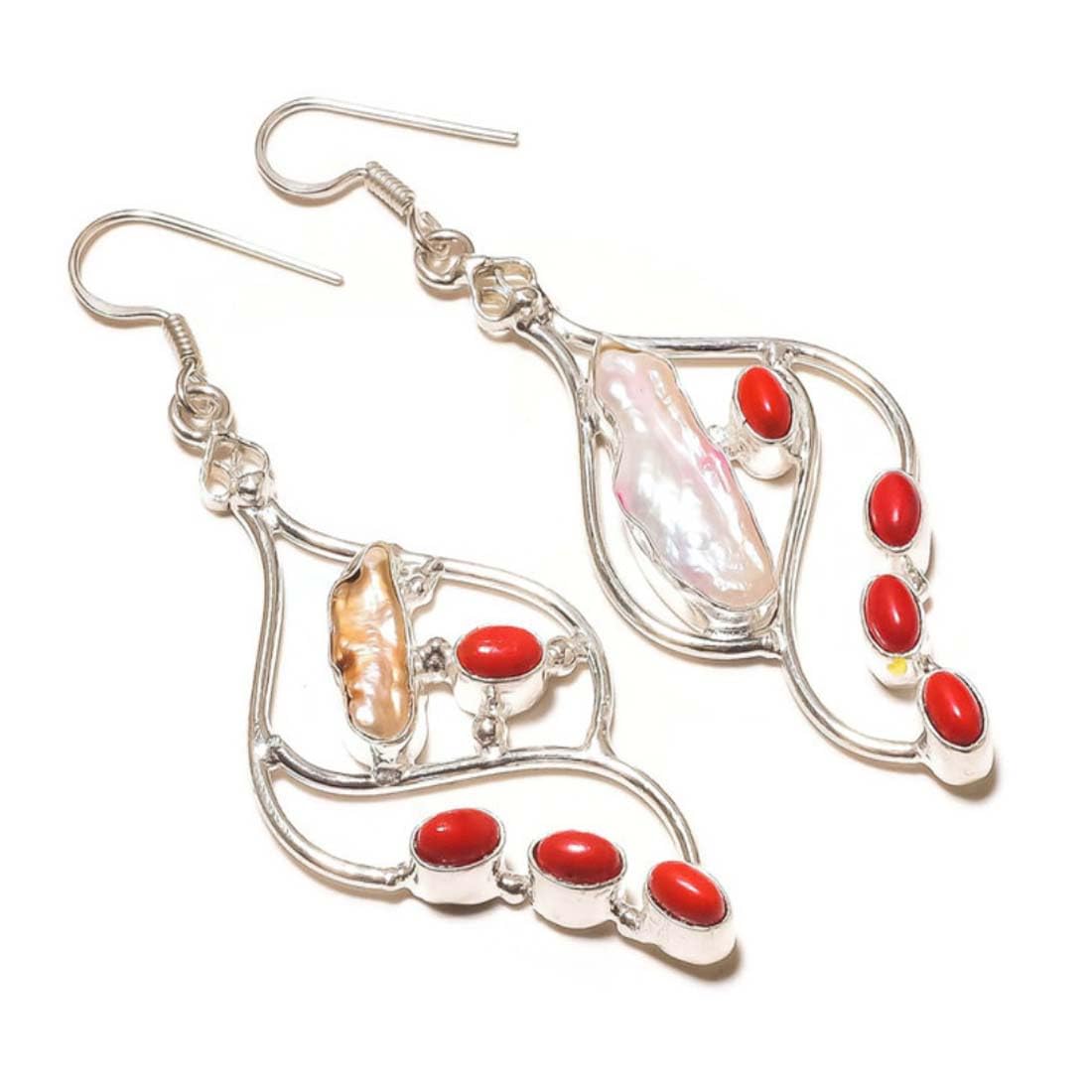 GenericCabochon Oval Red Coral, Biwa Pearl Gemstone Handmade Drop Dangle Earrings for Women, Coral Earrings, Pearl Earrings, Stone, Coral Pearl