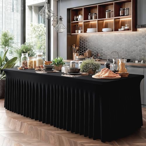 1 Pack Black Table Clothes for 8 Foot Rectangle Tables, Wrinkle Resistant Stretch Spandex Table Covers Fitted Tablecloth with Skirt for Event Banquet Wedding Birthday Party by Party Talk - Image 4