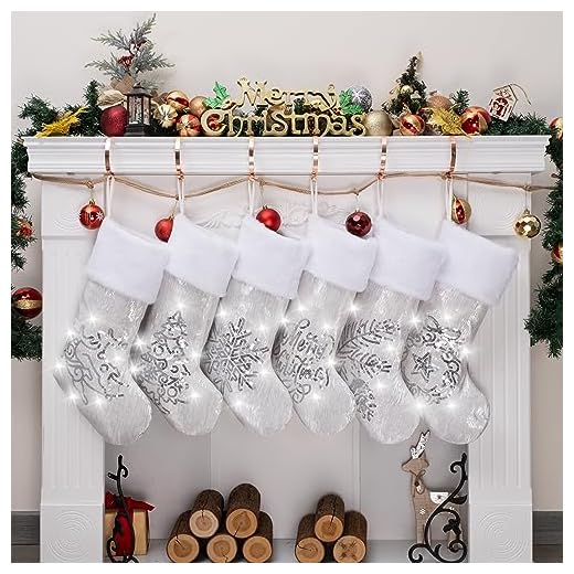 LUBOT 6 Pack Christmas Stockings(20inch) White with LED Light Sparkly Silver Sequins Large Embroidery Family Xmas Stocking Hanging for Holiday Decorations