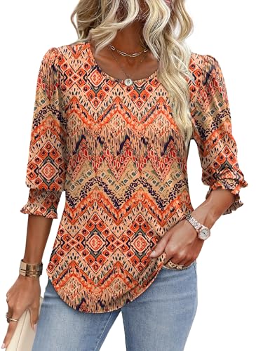 Image of XIEERDUO Blouses for Women Dressy Casual 3 /4 Length Sleeve Womens Tops with Smocked Cuffs