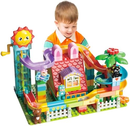 Kid Marble Run Building Blocks with Elevator Spiral Lift,Gift Toy Bricks Marble Maze Ball Race Track Set with Motorized Elevator,Big Blocks Educational STEM for 3 4 5 6 7 8 Year Old Boys Girls