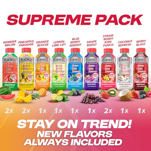 Image of SueroX Sugar Free Electrolyte Drink, Supreme Pack, 21.3 Fl Oz, 12 Count | Sports Drink with 8 Ions, Zero Sugar, Zero Calories, Hydration & Recovery
