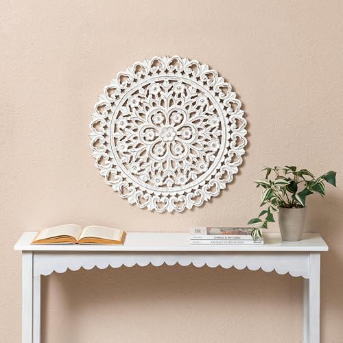 Image of JFY Designs Donna Hand Carved Wood Medallion Wall Panels Bedroom Decor | Wall Mount Floral Sculpture Wall Art for Living Room, Bedroom Set, White Distressed Finish, Round 24 x 24 inch