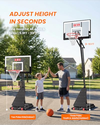Image of IGL Basketball Hoop Outdoor 47 Inch, Height Adjustable 5.3-10 FT, Portable Basketball Goal with Shatterproof Backboard for Kids Teens Adults, Backyard Driveway