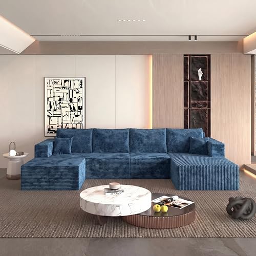 Image of 138 inch Modular Sectional Sofa, U-Shaped Cloud Couch with Deep Seats & Chaise, Convertible 4-in-1 Corduroy Boneless Couches for Living Room, No-Assembly - Blue (Right Facing Chaise)