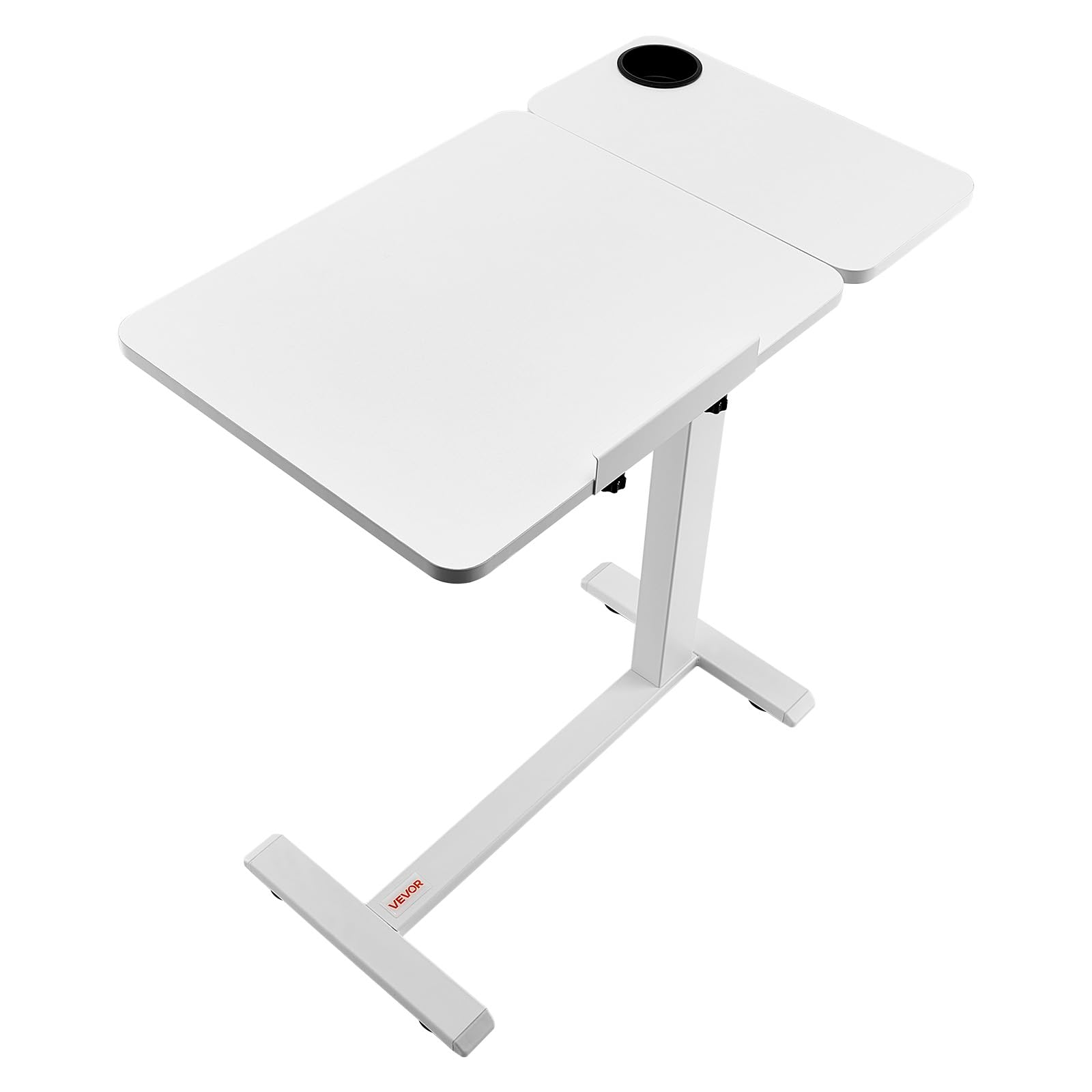 VEVOR Table de lit mobile, table d'appoint avec plateau rabattable et 4 roulettes dissimulées, bureau d'ordinateur portable réglable en hauteur avec porte-gobelet, pour maison, bureau et études, blanc