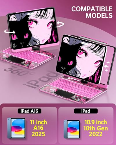 Image of Intermerge Clear iPad A16 11th (2025) & 10th Generation 10.9 inch Case with Keyboard, 360 Transparent Multi-Touch Trackpad, 7-Color RGB Keyboard, Pencil Holder, Type-C, Power Indicator, Blush Pulse