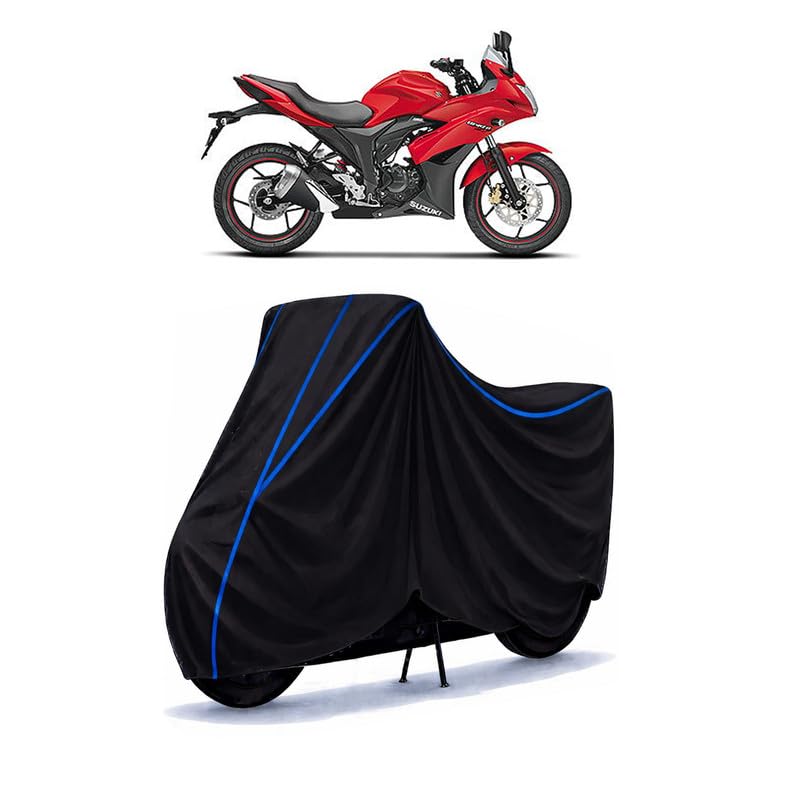 Image of Suzuki Gixxer SF Fi Bike Cover Water Resistant Universal Motorcycle Rain | Heavy Duty UV Protection, Dust, Scratch Indoor Outdoor All Weather with Black Blue Piping Elastic