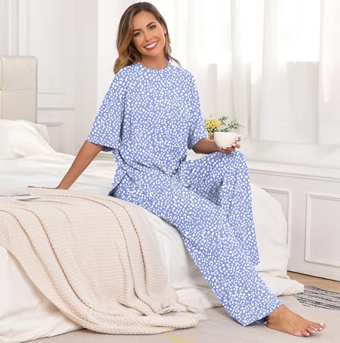Image of PrinStory Womens Pajamas Sets 2 Piece Lounge Set Short Sleeve Tops and Long Pants Soft Pjs Loungewear with Pockets