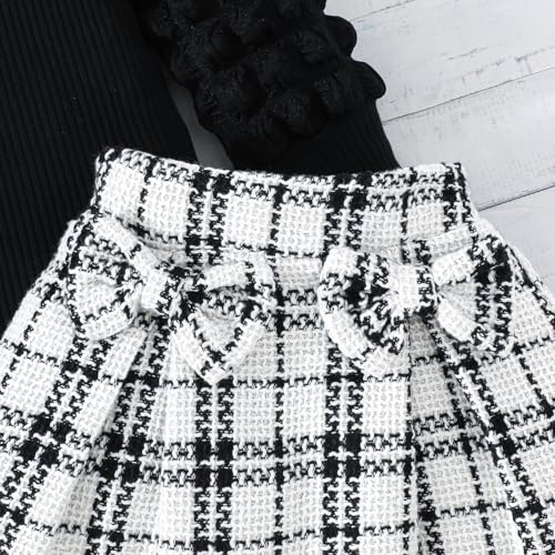 Image of Noubeau Toddler Girls Plaid Outfits Girls Puff Sleeve Knit Ribbed Shirt Tops Plaid Skirt Set Kids Fall Winter Clothes