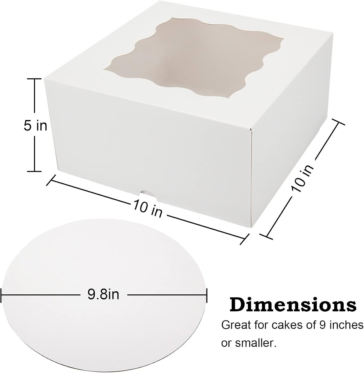 Colovis 18 Pcs Cake Boxes with Cake Boards, Easy Assembly, 10 Inches White Cake Boxes with window for Cake, Pie, Pastries (18, 10" x 10" x 5")